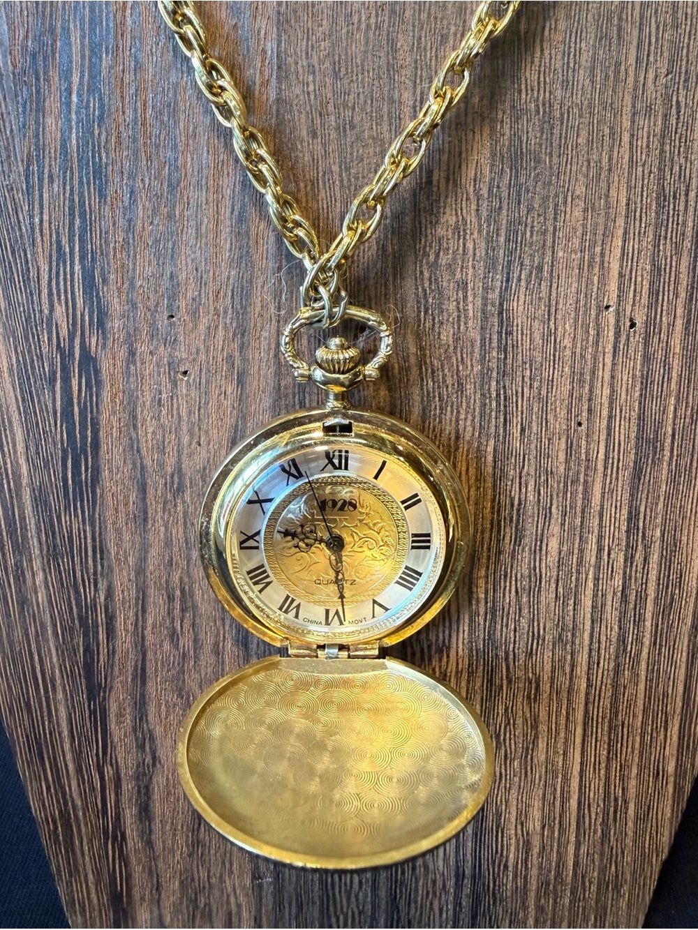 1928 Gold-Tone Pocket Watch Pendant Necklace - Picture 2 of 3